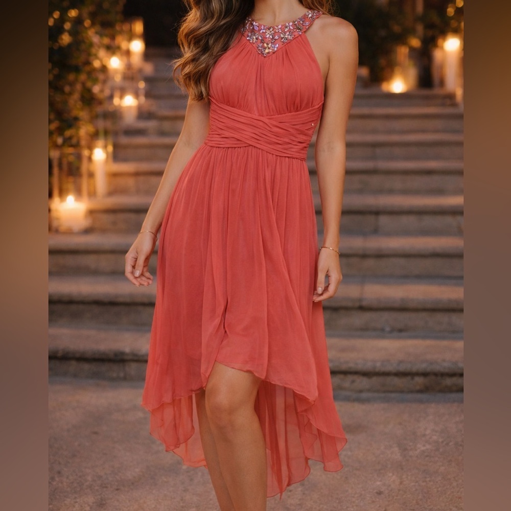 My Michelle Embellished Coral High-Low Semi-Formal Dress | Crystal Neckline 7